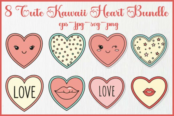 8 Cute Kawaii Heart Bundle – Graphics & Illustrations for Crafters & Handmade Sellers
