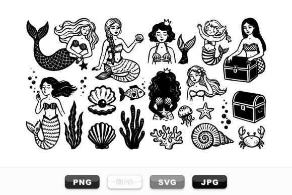 Hand Drawn Mermaid Clipart Set for Graphics & Illustrations Sellers