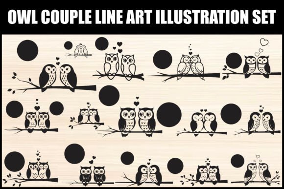 Owl Couple Line Art Illustration Set for Graphics & Illustration Projects