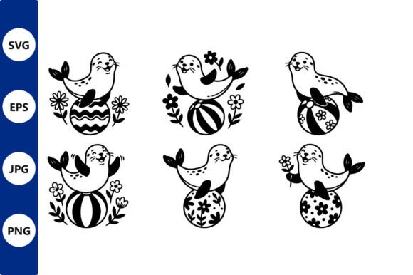 Playful Seal Line Art on Striped Floral Graphics for Creative Sellers